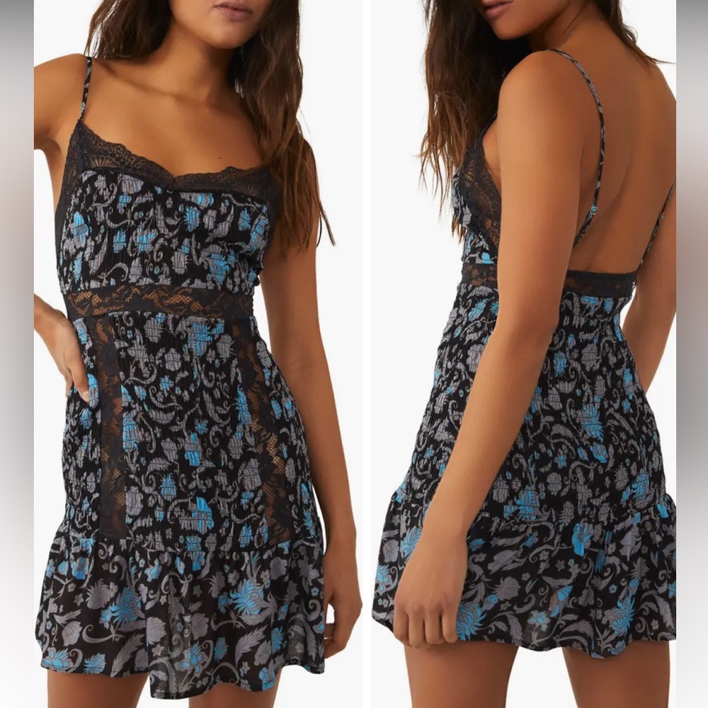 Free People- Last Night Mini Nightgown Slipdress- black/combo